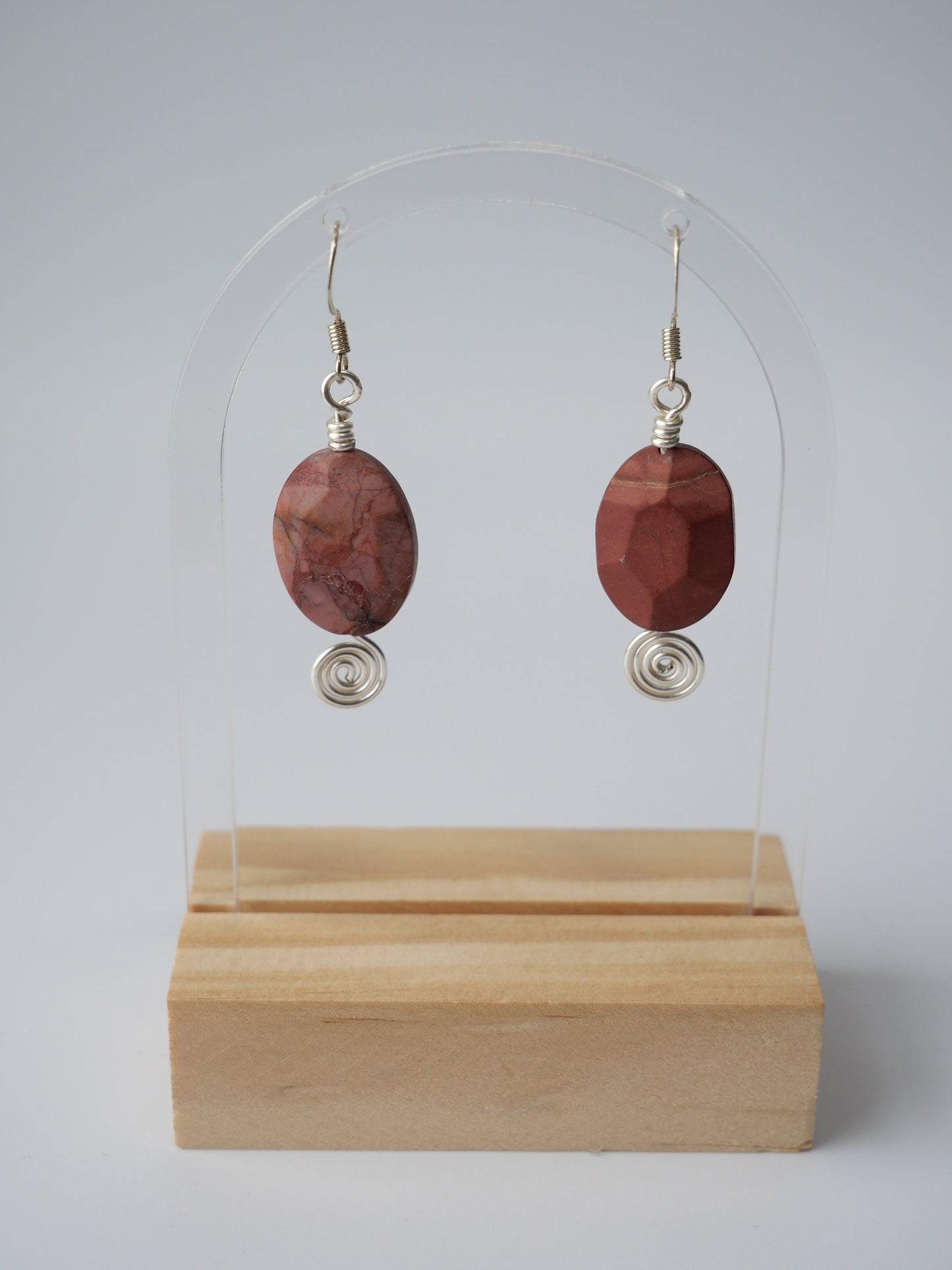 Silver, Geometric Spiral, Red Jasper Dangle Earrings, Hypoallergenic, Made in Maine, Inspired by Maine