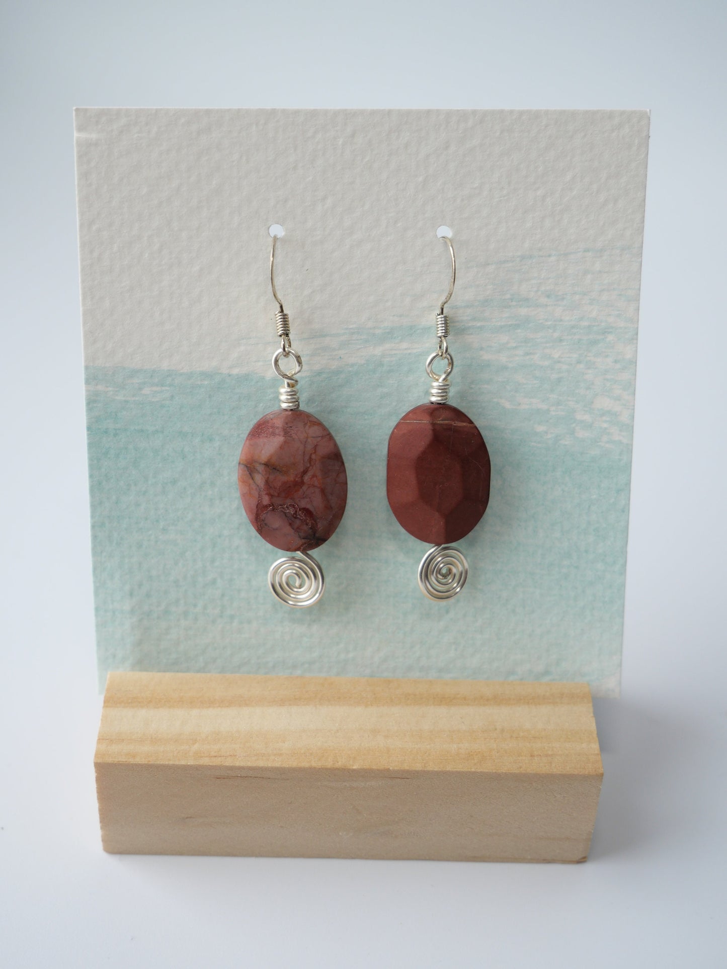 Silver, Geometric Spiral, Red Jasper Dangle Earrings, Hypoallergenic, Made in Maine, Inspired by Maine