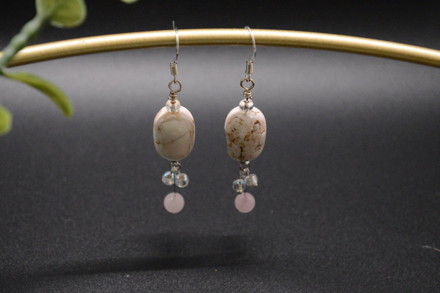 Pink Stone and Glass Dangle Earrings, Made In Maine, Inspired by Maine, Hand made, Unique, Upcycled