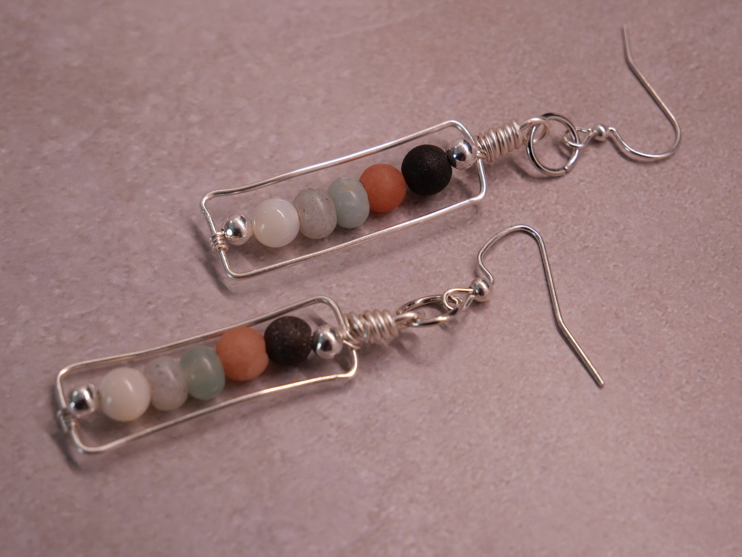 Wire Wrapped, Stacked Bead Statement Earrings,  inspired by Maine, Made in Maine, Maine Art, Maine Jewelry, Maine Art.