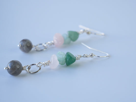 Crystal stack with Labradorite Bead earrings, inspired by Maine, Made in Maine, Maine Art, Maine Jewelry, Maine Art.