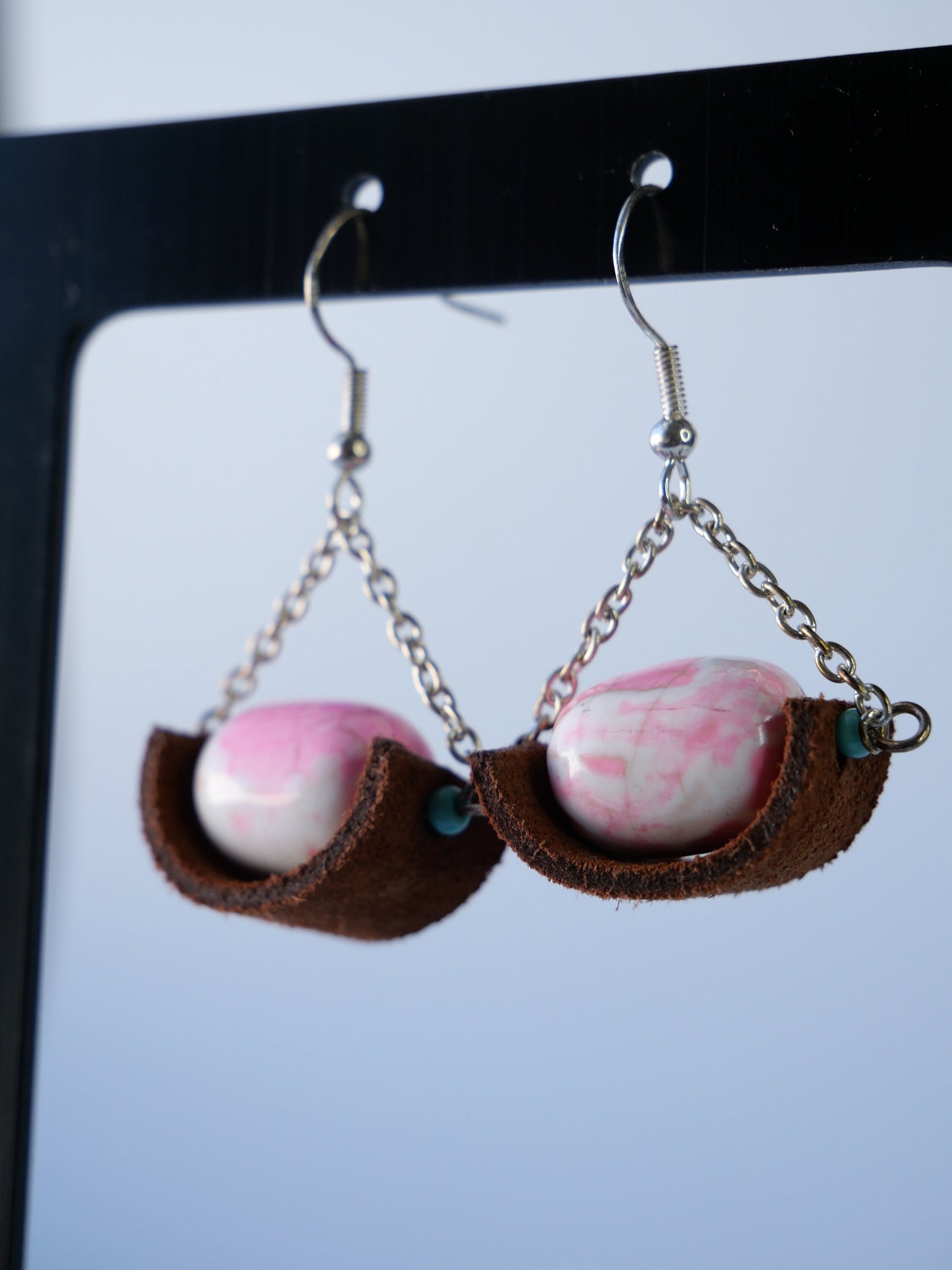Silver, Leather, Pink Magnesite Dangle Earrings, Hypoallergenic, Made in Maine, Inspired by Maine