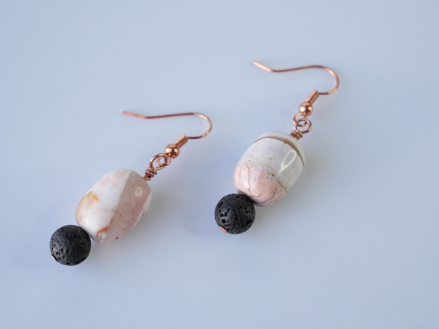 Copper, Lava Rock, Pink Magnesite Dangle Earrings, Hypoallergenic, Made in Maine, Inspired by Maine