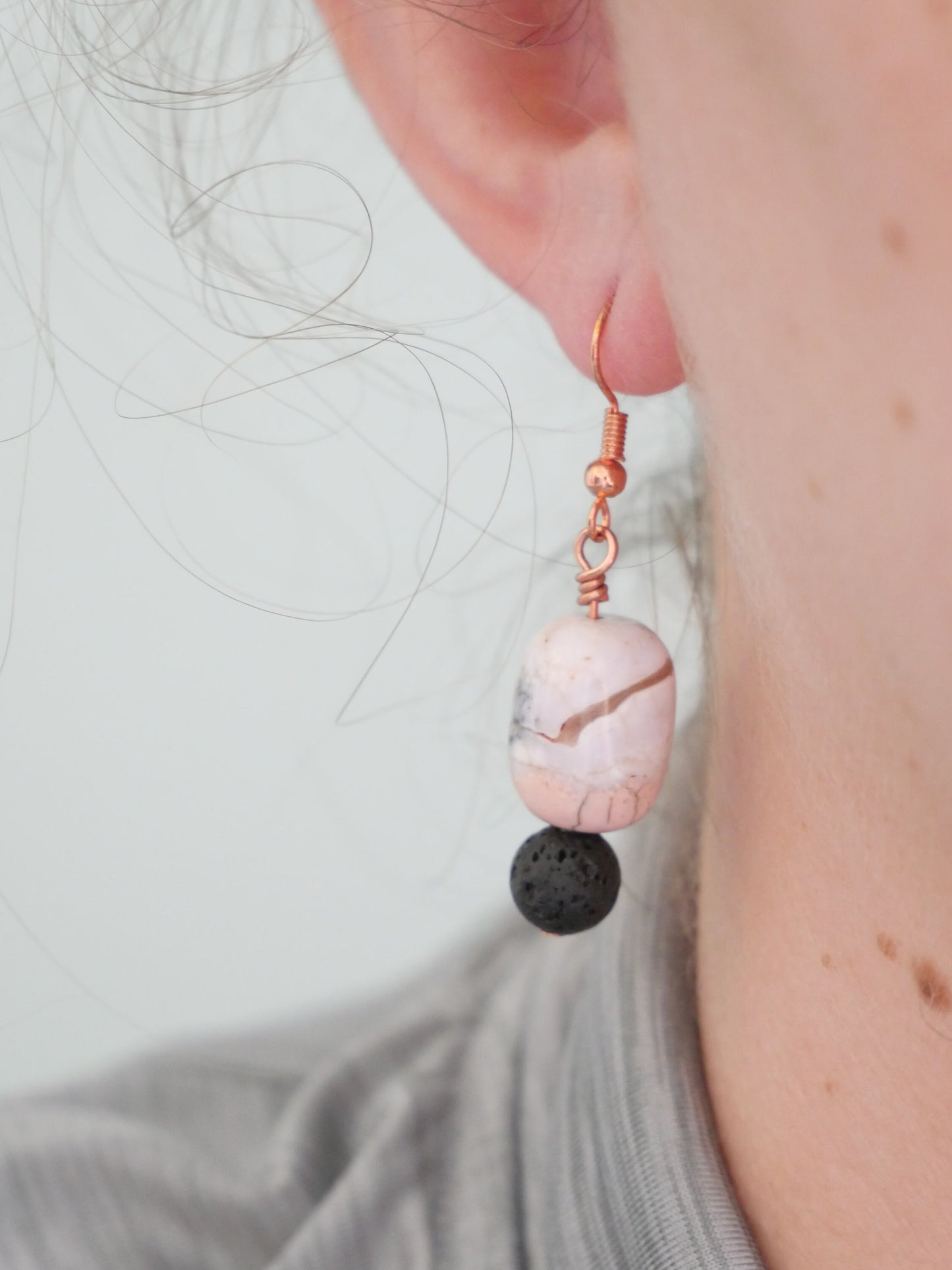 Copper, Lava Rock, Pink Magnesite Dangle Earrings, Hypoallergenic, Made in Maine, Inspired by Maine