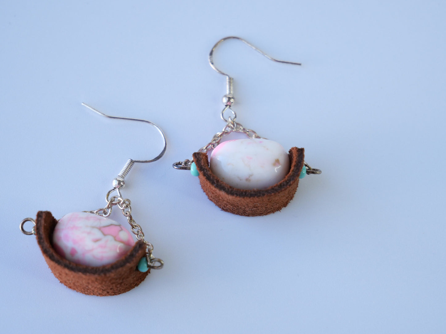 Silver, Leather, Pink Magnesite Dangle Earrings, Hypoallergenic, Made in Maine, Inspired by Maine