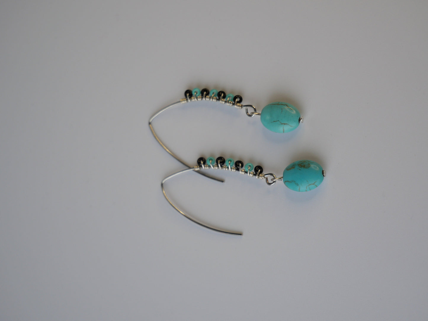 Dangle and Drop Earrings, Silver Turquoise Wire wrapped Earrings - Perfect for people who love the ocean. Handmade in Maine