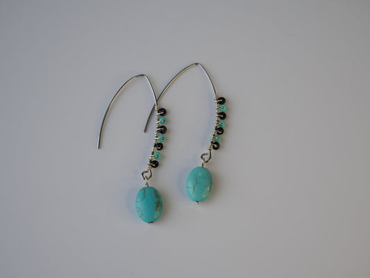 Dangle and Drop Earrings, Silver Turquoise Wire wrapped Earrings - Perfect for people who love the ocean. Handmade in Maine