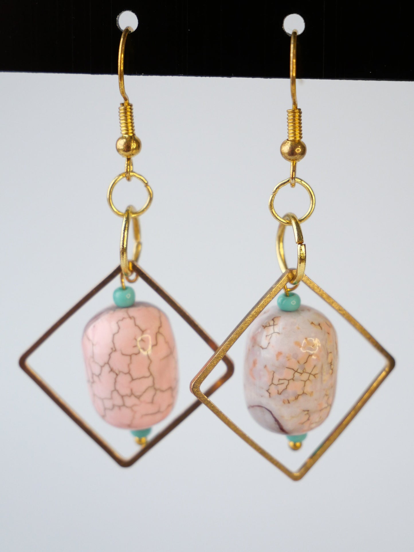 Gold, Geometric, Pink Magnesite Dangle Earrings, Hypoallergenic, Made in Maine, Inspired by Maine