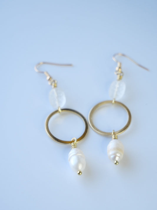Gold, Geometric, Fresh Water Pearl and Carved Glass Earrings, Hypoallergenic, Made in Maine, Inspired by Maine