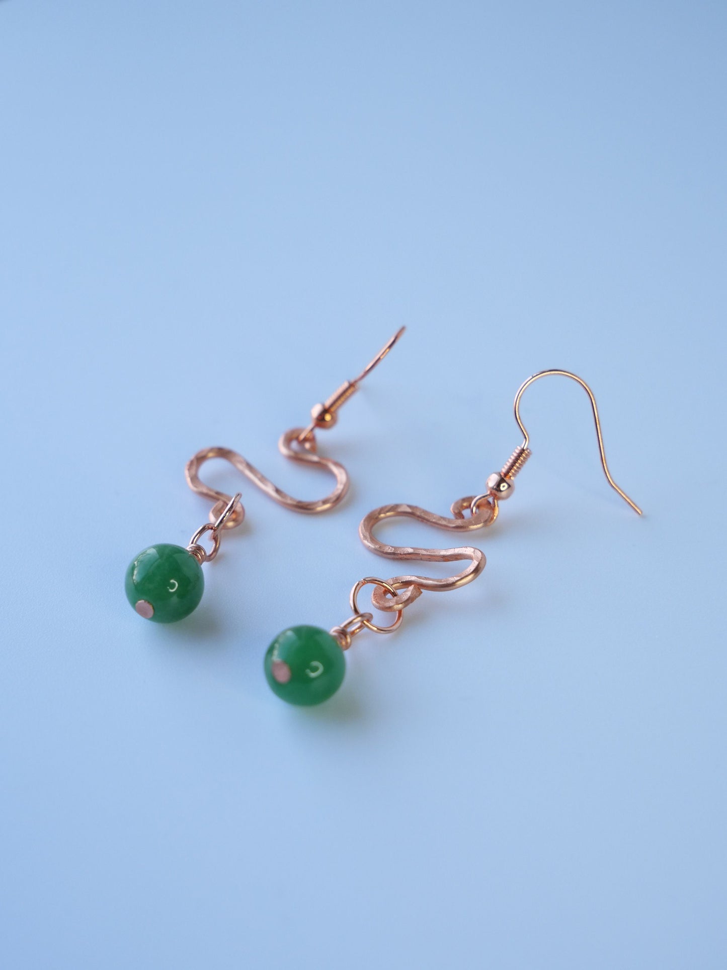 Copper and green jade bead earrings, Copper Snake Earrings, Hand Made Earrings. Made in Maine