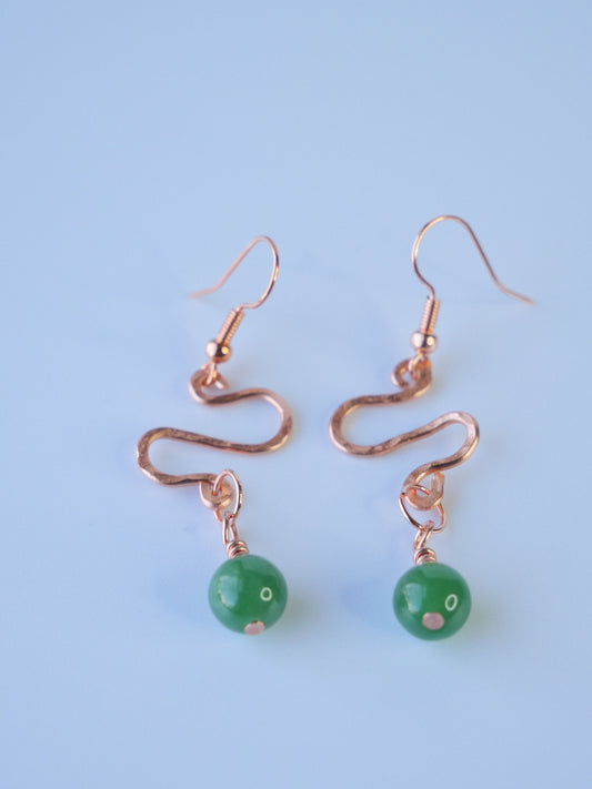Copper and green jade bead earrings, Copper Snake Earrings, Hand Made Earrings. Made in Maine