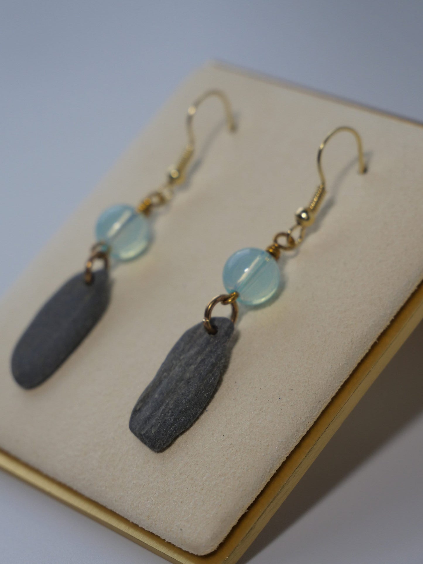 Maine Beach Rock & Glass Bead Statement Earrings, inspired by Maine, Made in Maine, Maine Art, Maine Jewelry, Maine Art.