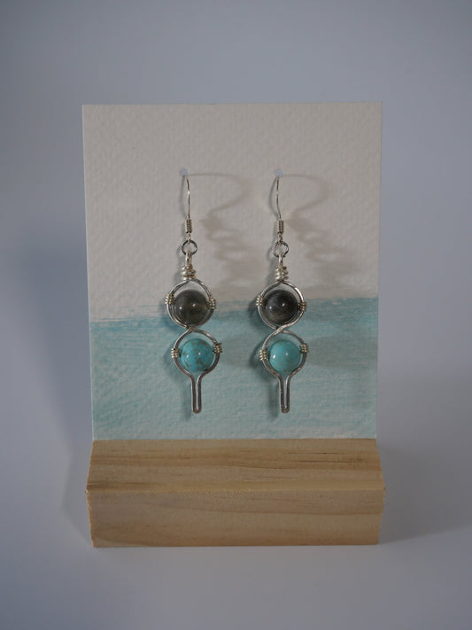 Abstract Wire Earrings, Labradorite and Imitation Turquoise Bead earrings, inspired by Maine, Made in Maine, Maine Art, Maine Jewelry