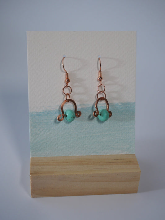 Copper and Turquoise bead earrings, Simple Copper Earrings, Hand Made Earrings. Made in Maine