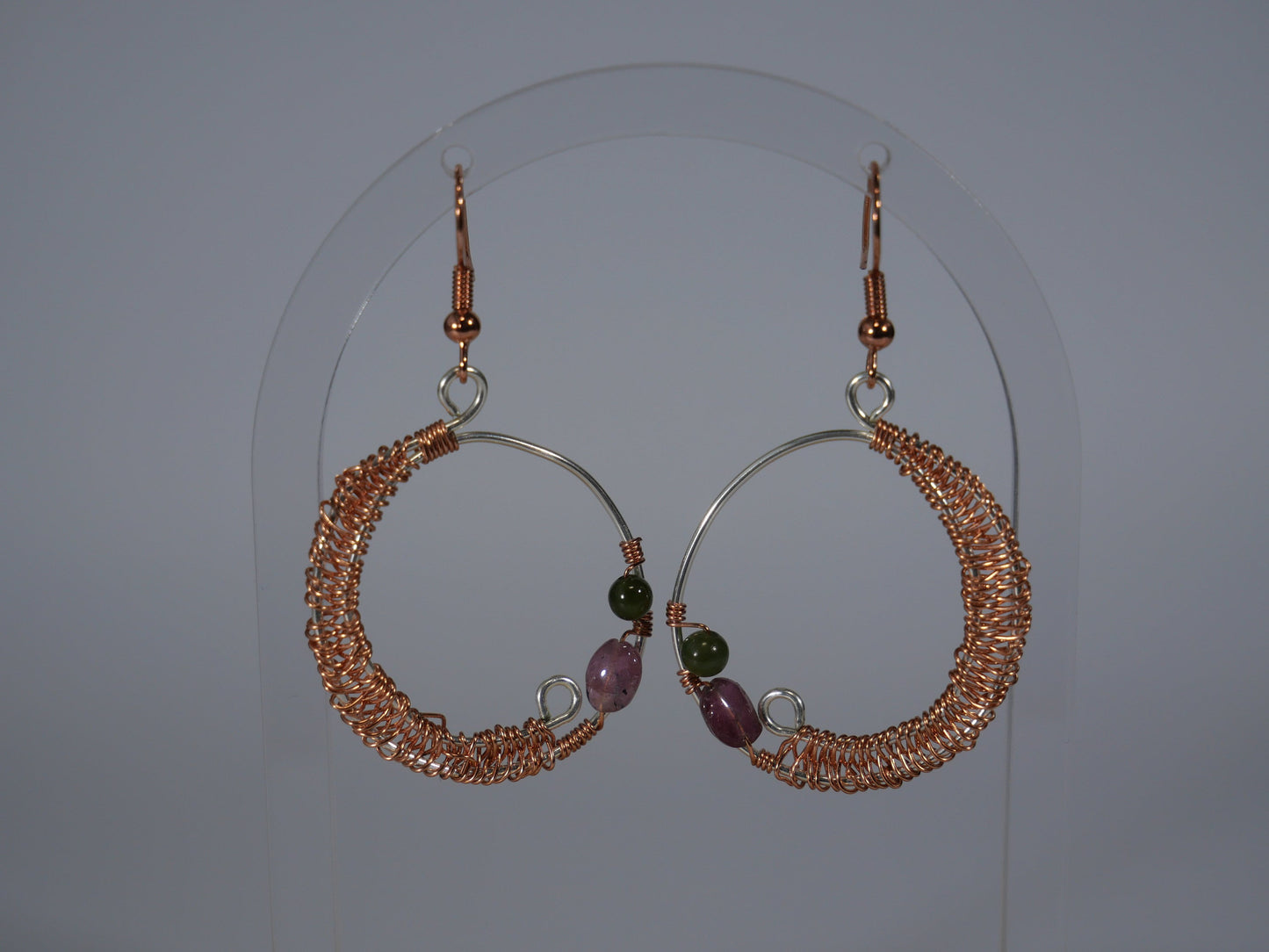 Abstract Wire Earrings, Silver, Copper & Watermelon Tourmaline inspired by Maine, Made in Maine, Maine Art, Maine Jewelry