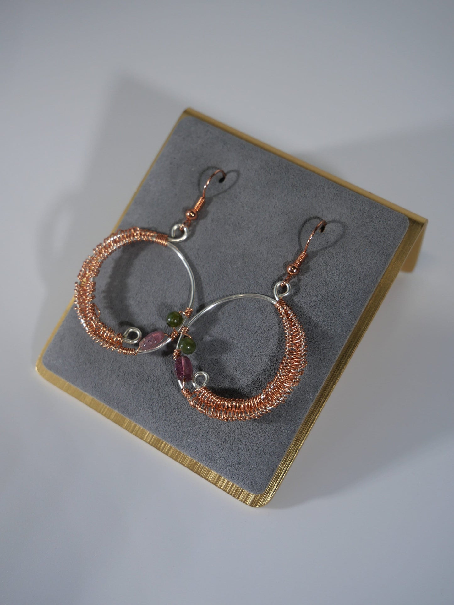 Abstract Wire Earrings, Silver, Copper & Watermelon Tourmaline inspired by Maine, Made in Maine, Maine Art, Maine Jewelry