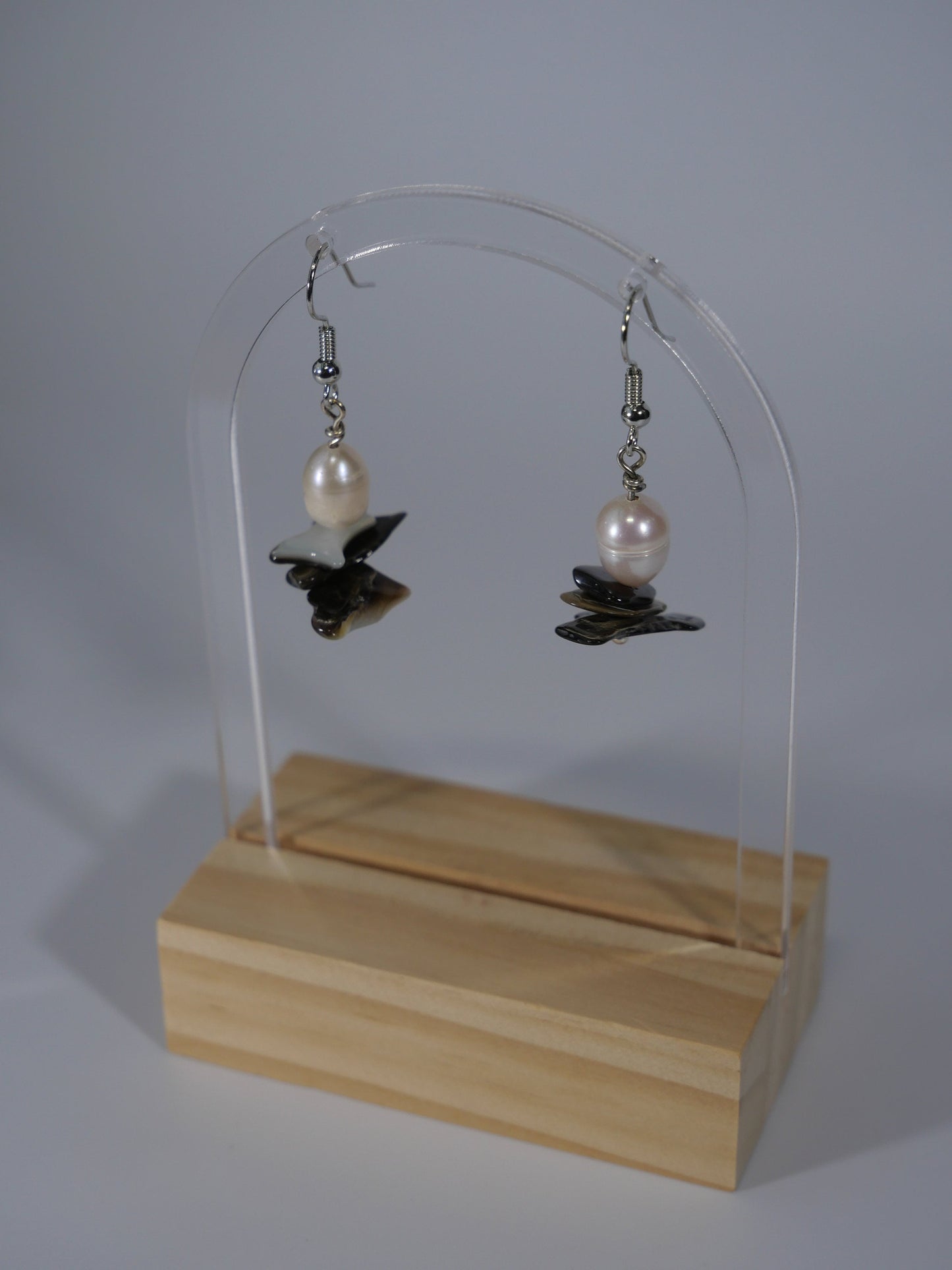 Silver, Rose freshwater pearl & Shell bead earrings, Coastal Earrings, Hand Made Earrings. Made in Maine