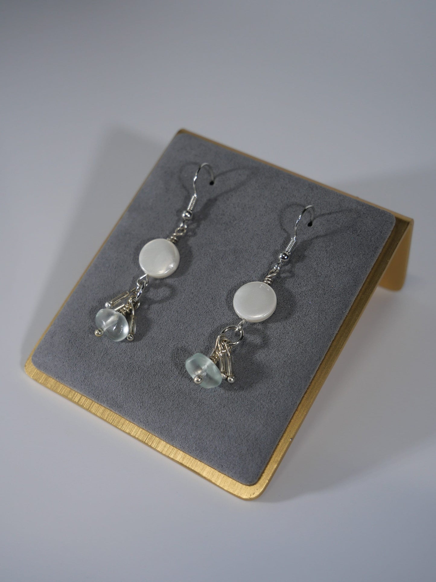 Silver, faux pearl & glass bead earrings, Coastal Earrings, Hand Made Earrings. Made in Maine
