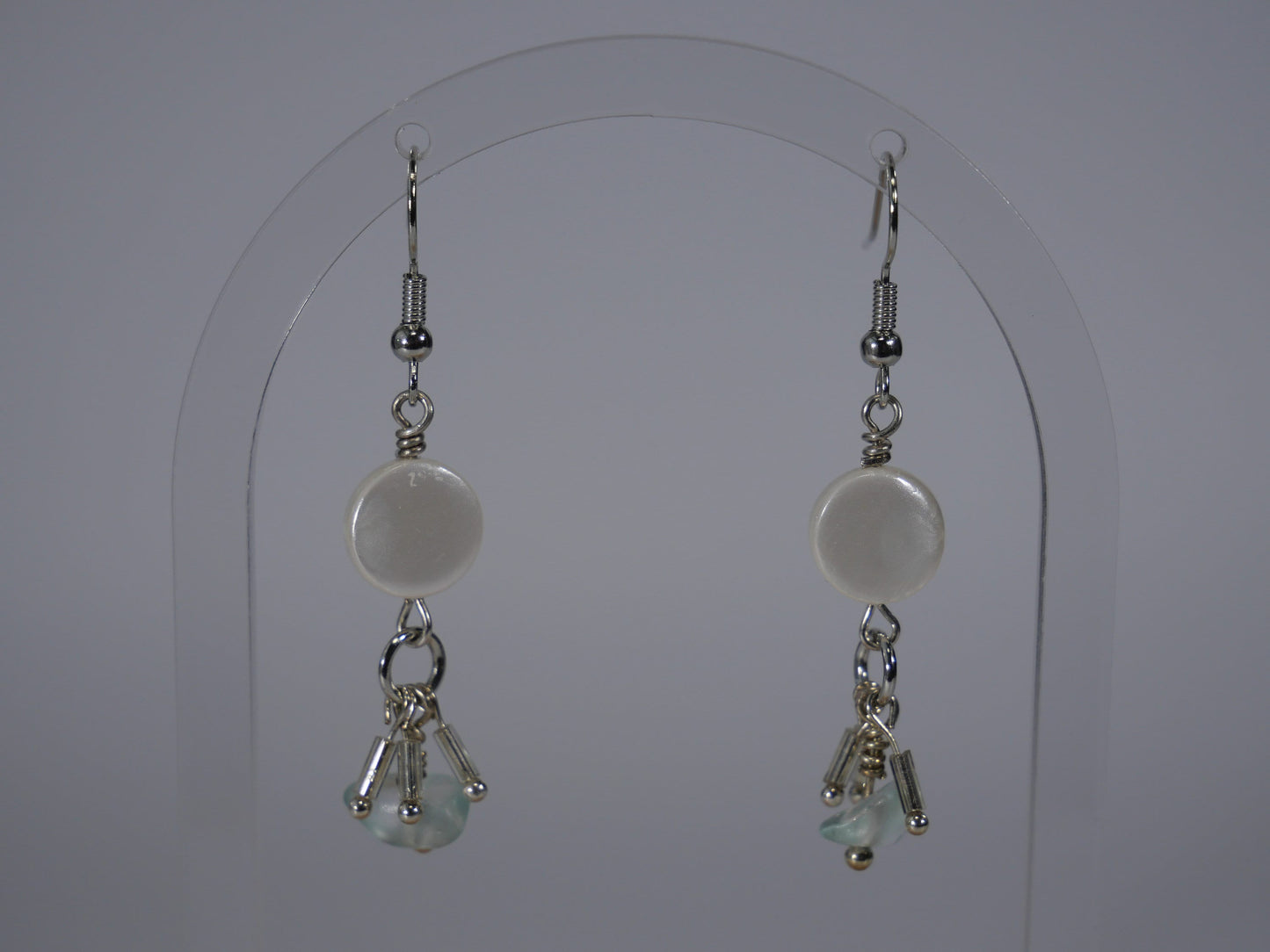 Silver, faux pearl & glass bead earrings, Coastal Earrings, Hand Made Earrings. Made in Maine